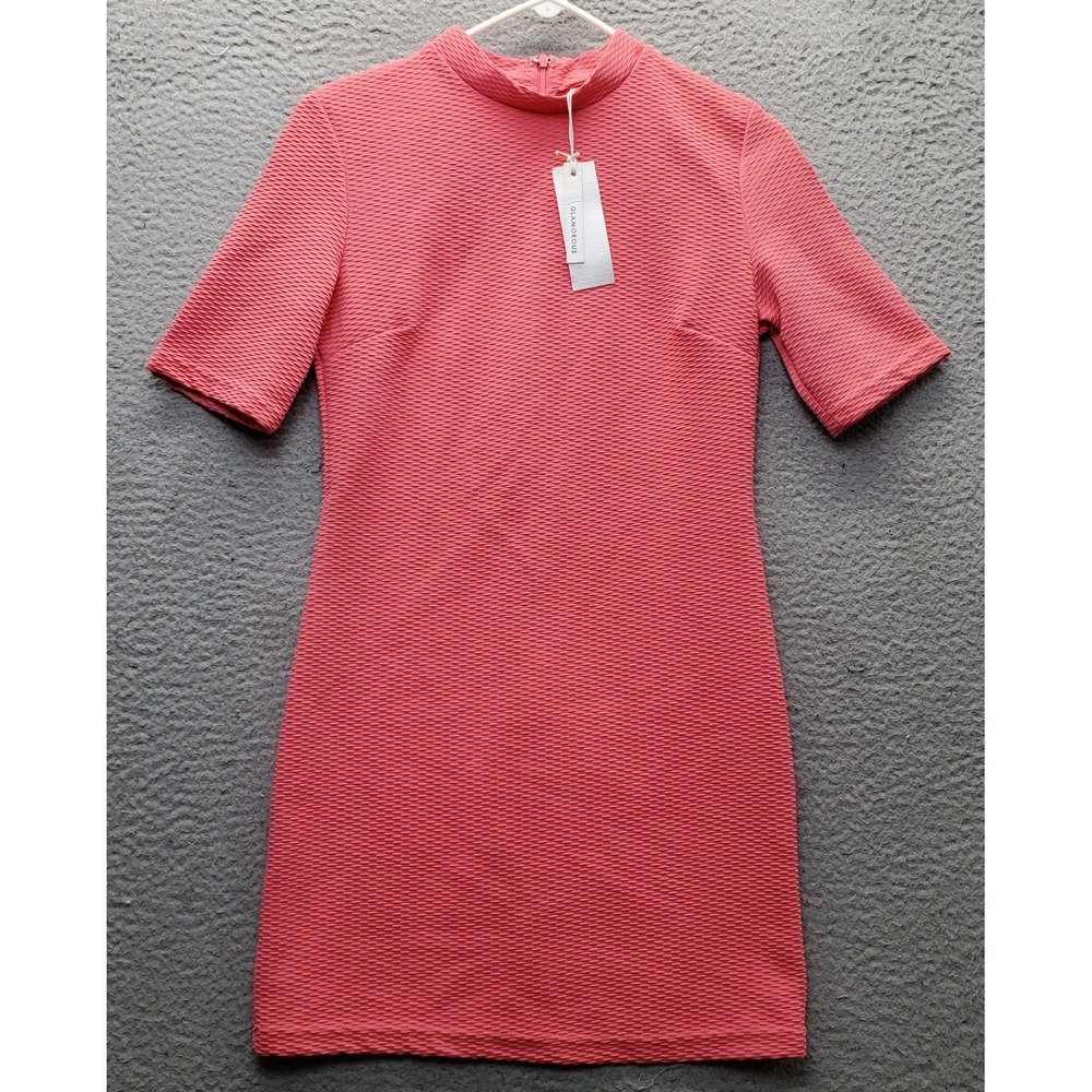 Glamorous Sheath Mini Dress Womens Small Pink Textured Short Sleeve Mock Neck